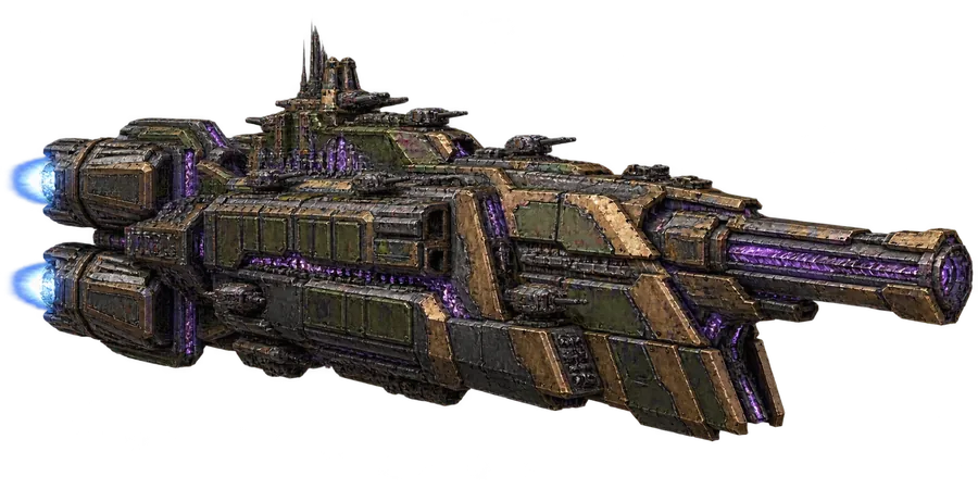 Bastion, a heavily armored olive Komodaki warship with a huge crystal cannon