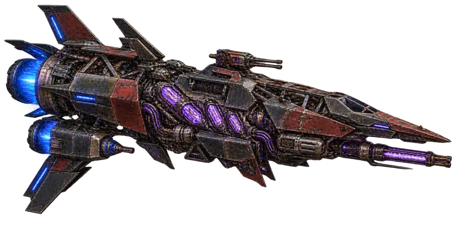 Kiseki Raider, a patched-together red pirate ship with glowing violet crystal cells
